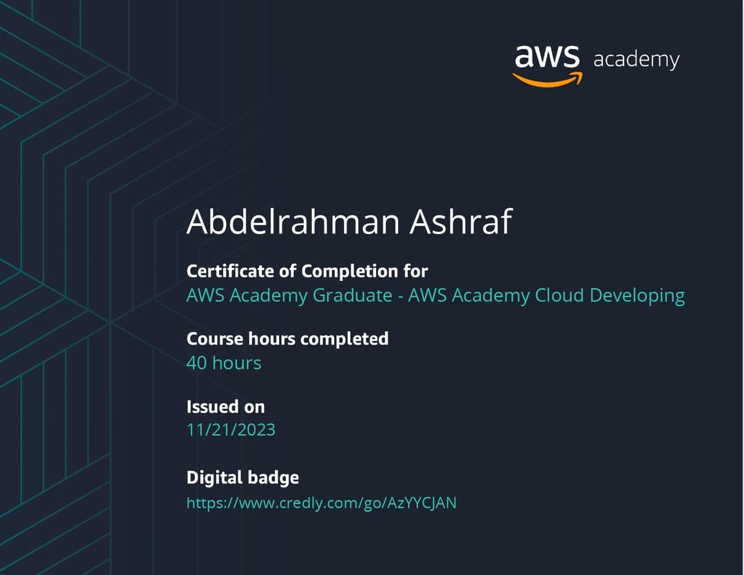 Certificate of: AWS Cloud Developer Course
