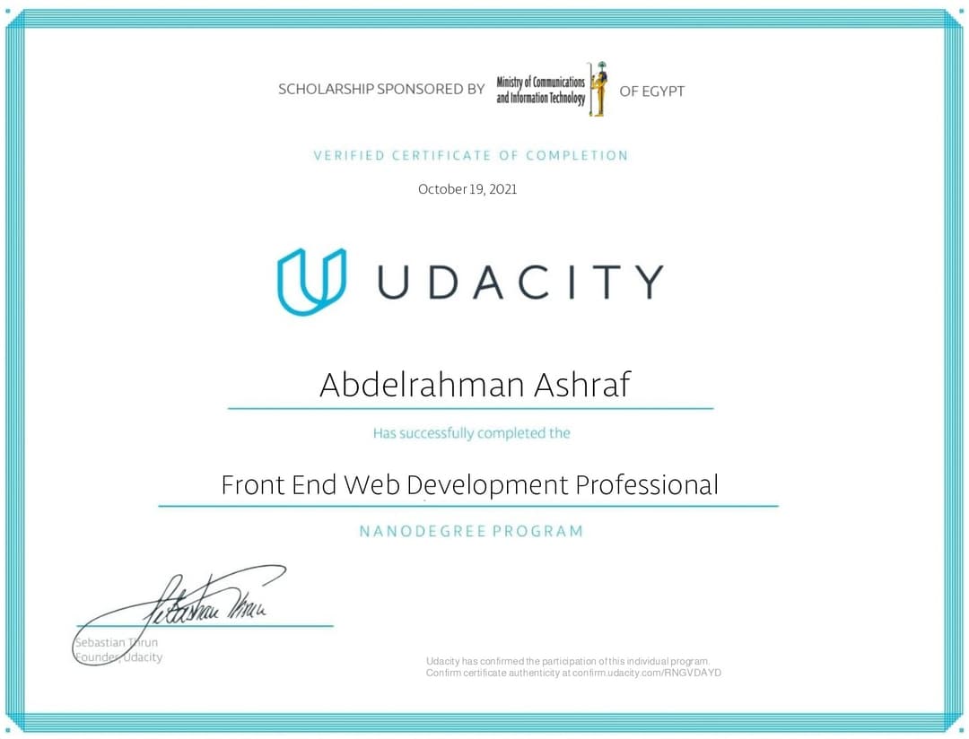 Certificate of: Professional Front End Web Development